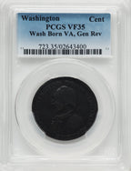 1792 Washington Born Virginia Cent Inscribed Reverse BN Colonials PCGS VF35