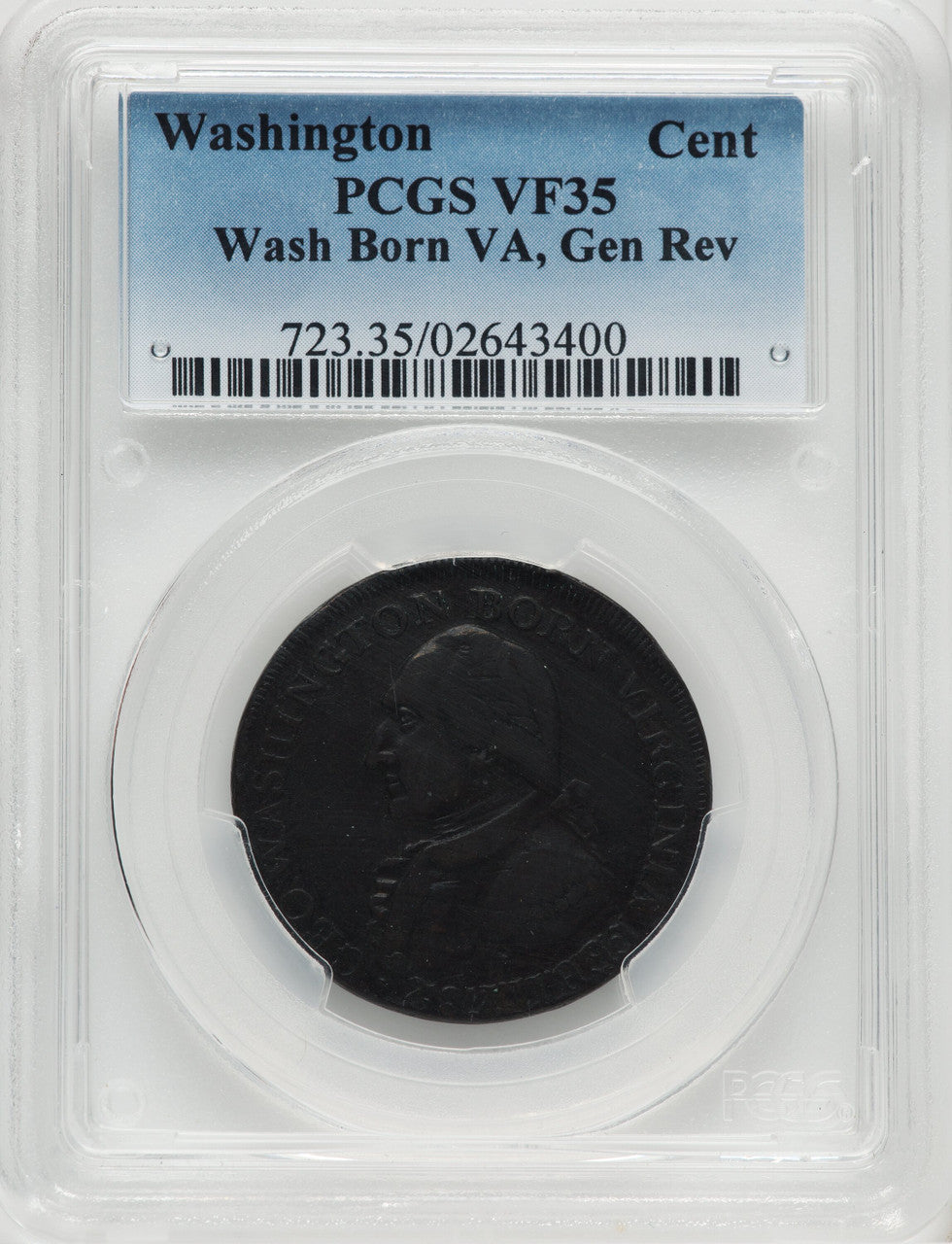1792 Washington Born Virginia Cent Inscribed Reverse BN Colonials PCGS VF35