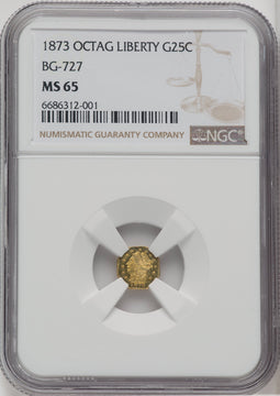 1873 Liberty Head Octagonal 25 Cents BG-727 High R.4 California Fractional Gold NGC MS65