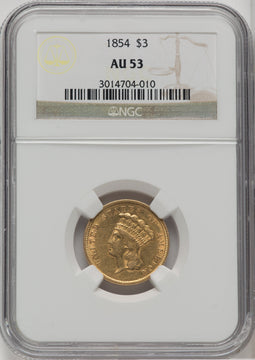 1854 $3 Three Dollar Gold Pieces NGC AU53