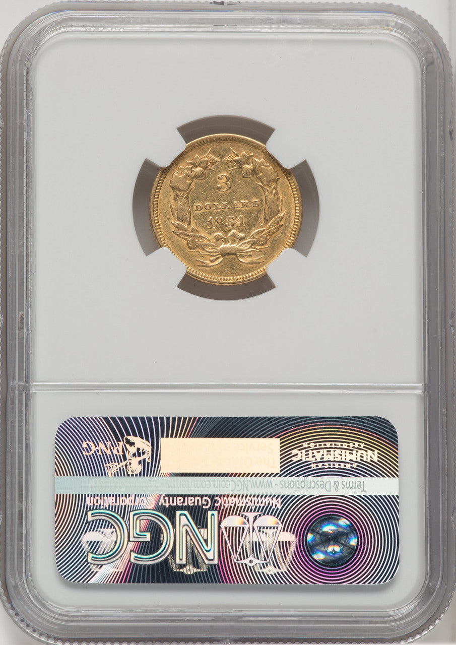 1854 $3 Three Dollar Gold Pieces NGC AU53