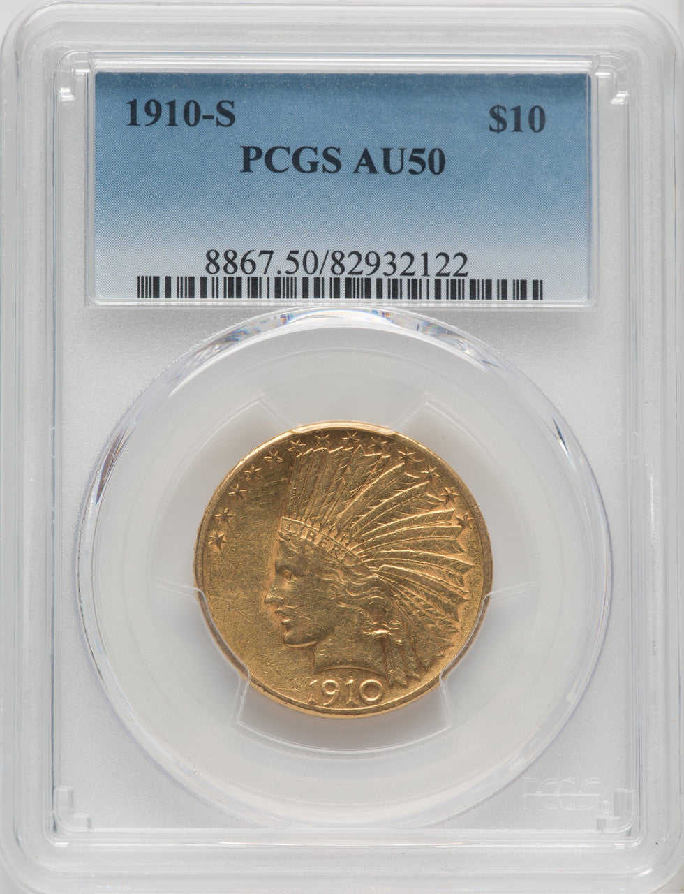 1910-S $10 Indian Eagle PCGS AU50