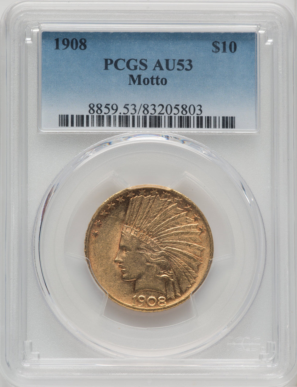 1908 $10 MOTTO Indian Eagle PCGS AU53