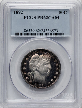 1892 50C CA Proof Barber Half Dollar PCGS PR62