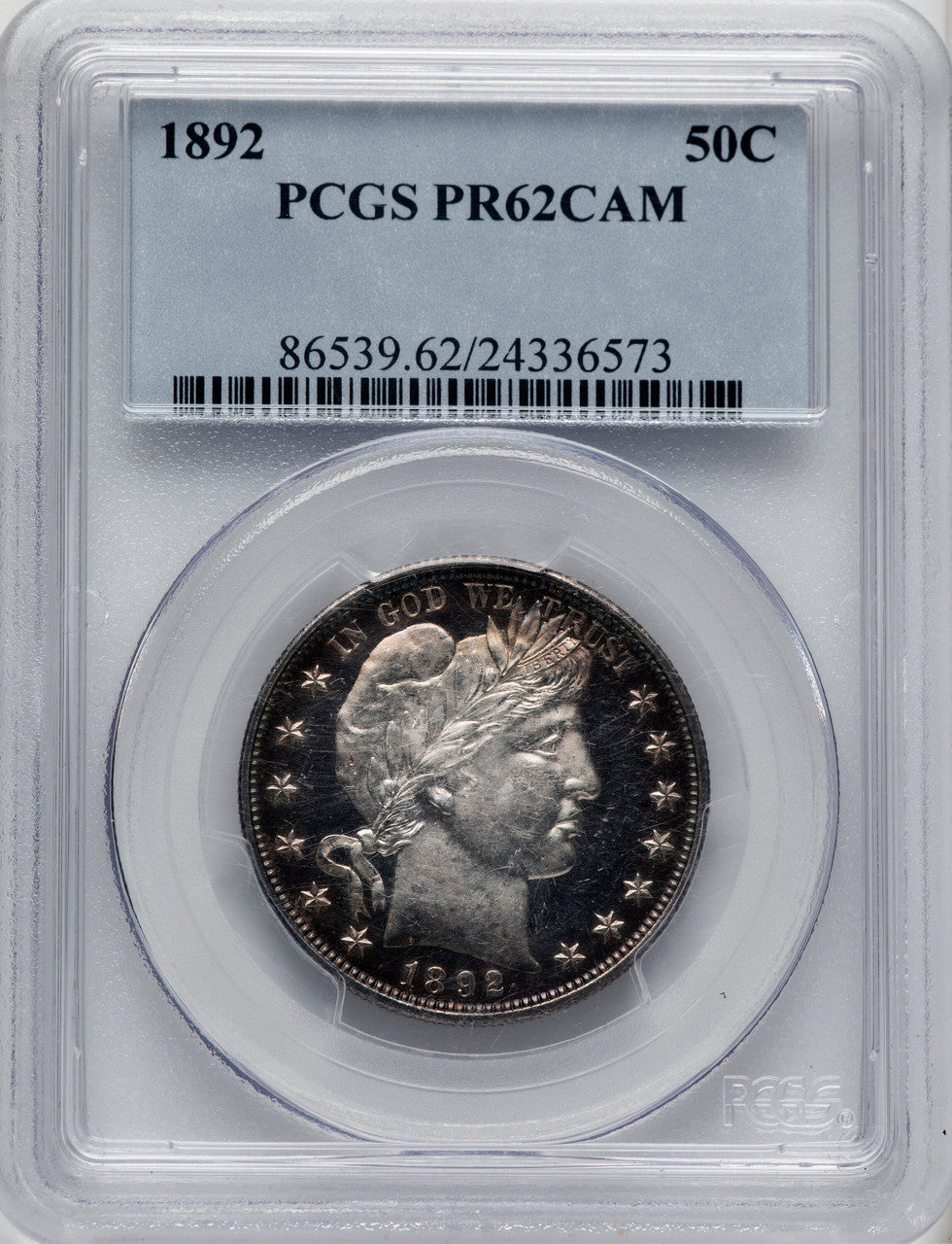 1892 50C CA Proof Barber Half Dollar PCGS PR62