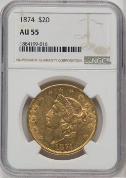 1874 $20 Liberty Double Eagle NGC AU55