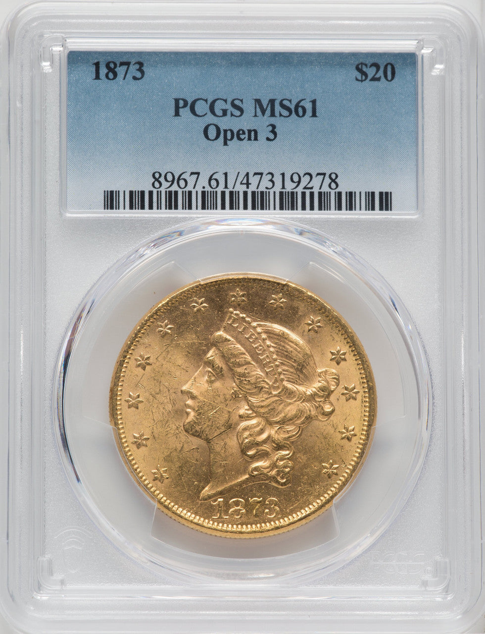 1873 $20 OPEN 3 Liberty Double Eagle PCGS MS61 (571799015)