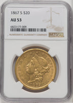 1867-S $20 Liberty Double Eagle NGC AU53