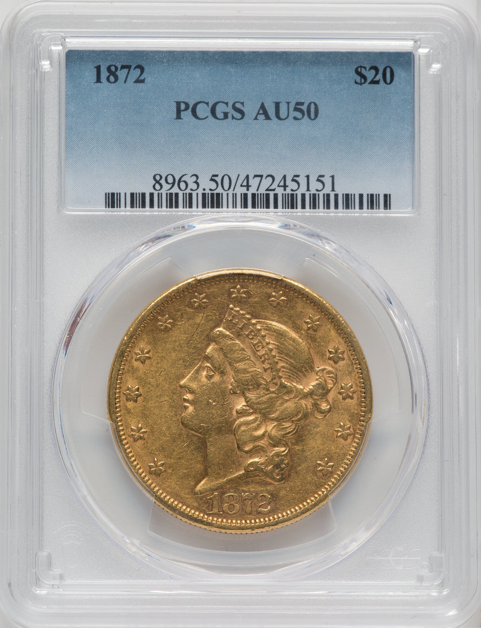 1872 $20 Liberty Double Eagle PCGS AU50