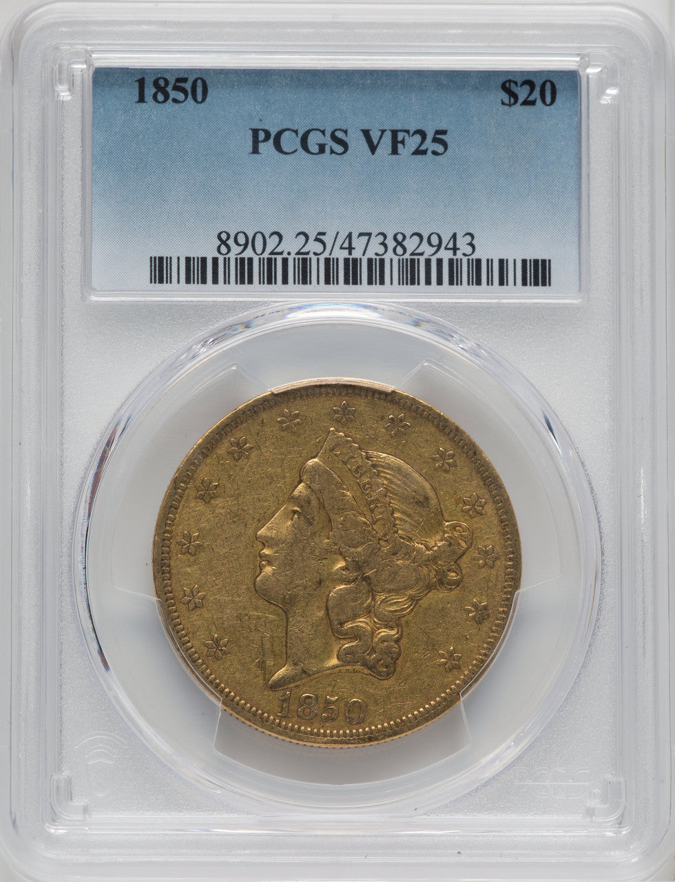 1850 $20 Liberty Double Eagle PCGS VF25