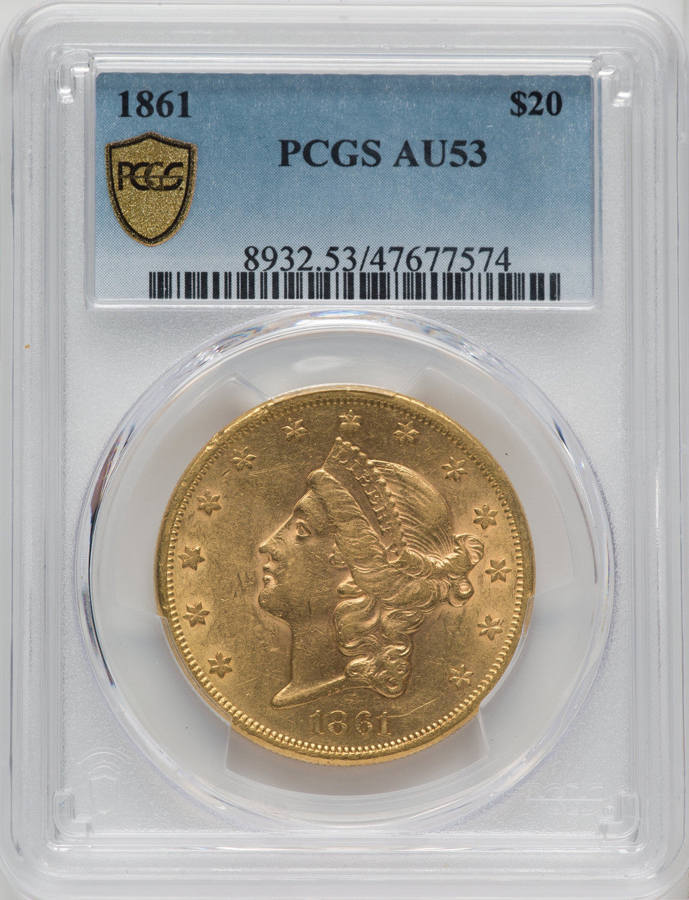 1861 $20 Liberty Double Eagle PCGS AU53