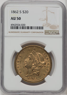 1862-S $20 Liberty Double Eagle NGC AU50