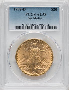1908-D $20 NO MOTTO Saint-Gaudens Double Eagle PCGS AU58