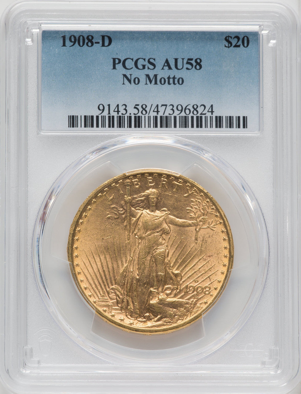 1908-D $20 NO MOTTO Saint-Gaudens Double Eagle PCGS AU58