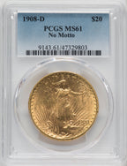 1908-D $20 NO MOTTO Saint-Gaudens Double Eagle PCGS MS61