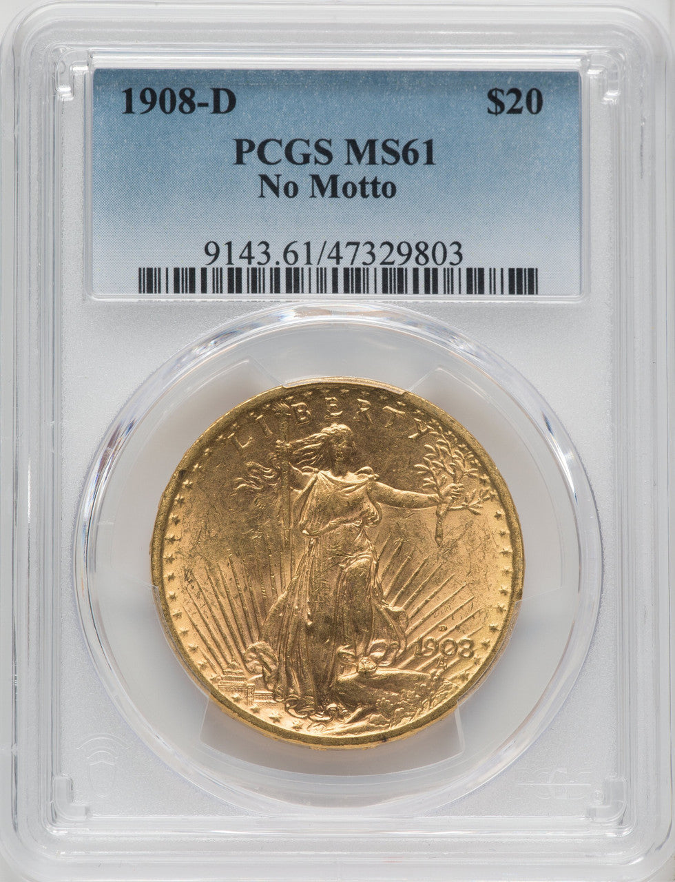 1908-D $20 NO MOTTO Saint-Gaudens Double Eagle PCGS MS61