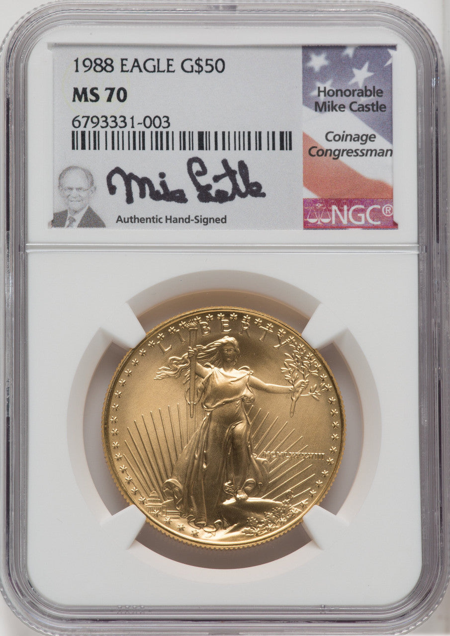 1988 $50 One-Ounce Gold Eagle Mike Castle Signature NGC MS70