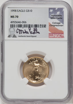 1998 $10 Quarter-Ounce Gold Eagle NGC MS70 Mike Castle Signed
