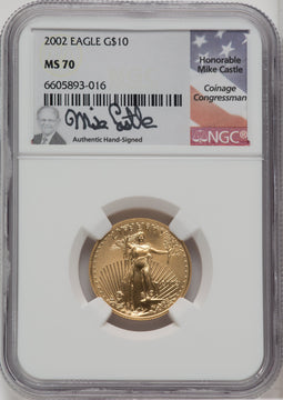 2002 $10 Quarter-Ounce Gold Eagle Mike Castle Signature NGC MS70