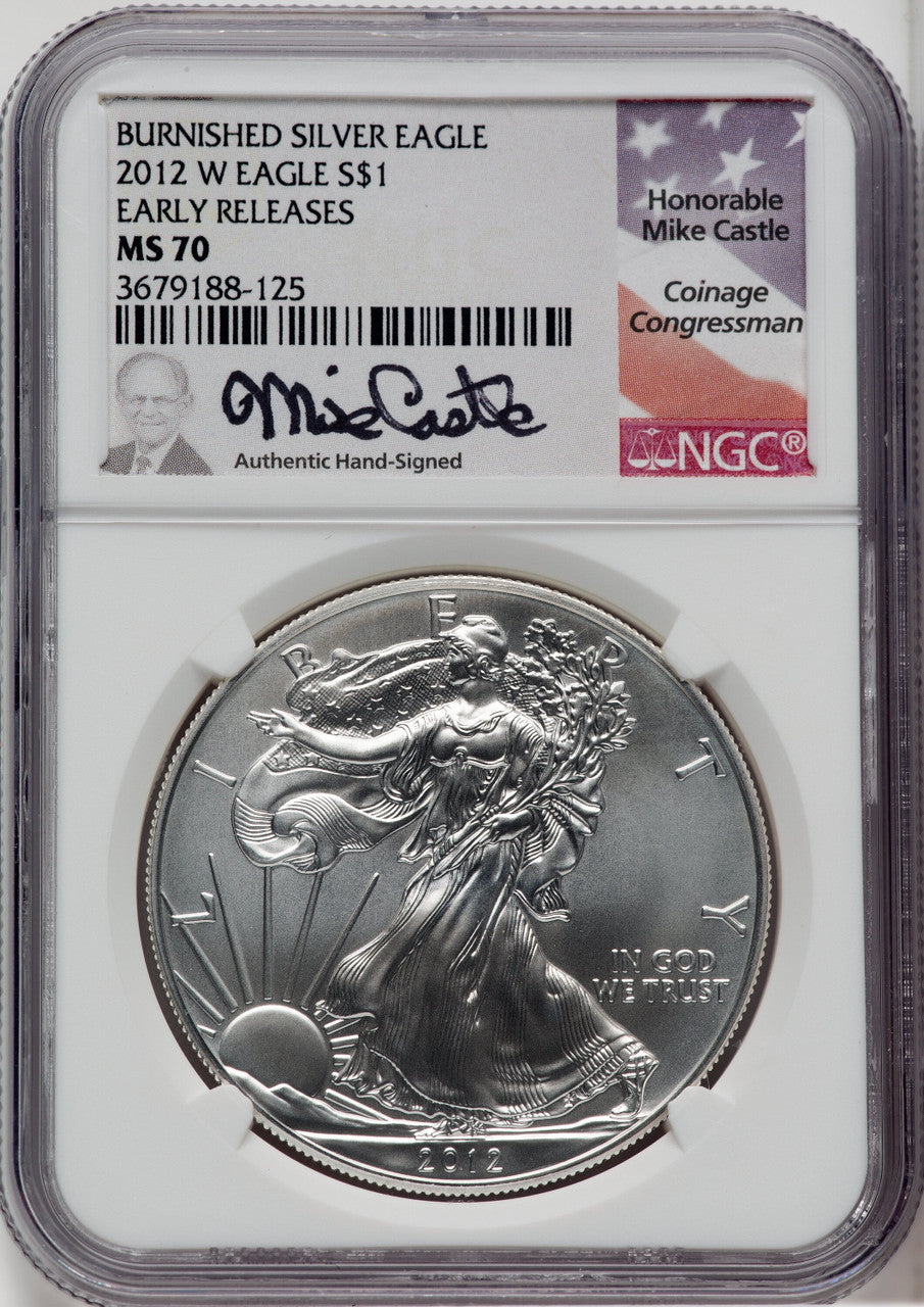 2012-W S$1 Silver Eagle Burnished First Strike Mike Castle Signature NGC MS70