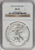 2012-W S$1 Silver Eagle Burnished Brown Label NGC MS70