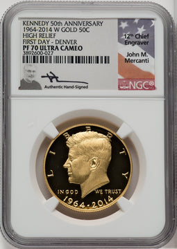 2014-W 50C Kennedy Gold 50th Anniversary First Day of Issue - Denver Proof Kennedy Half Dollar NGC PR70