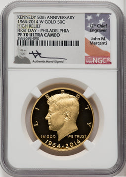 2014-W 50C Kennedy Gold 50th Anniversary 1st Day of Issue Proof Kennedy Half Dollar NGC PR70