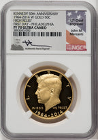 2014-W 50C Kennedy Gold 50th Anniversary 1st Day of Issue Proof Kennedy Half Dollar NGC PR70