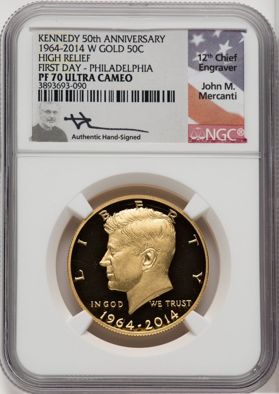 2014-W 50C Kennedy Gold 50th Anniversary 1st Day of Issue Proof Kennedy Half Dollar NGC PR70