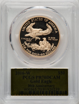 2016-W $50 One-Ounce Gold Eagle 30th Anniversary Michael Reagan/Gold Foil PCGS PR70