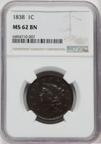 1838 1C BN Large Cent NGC MS62