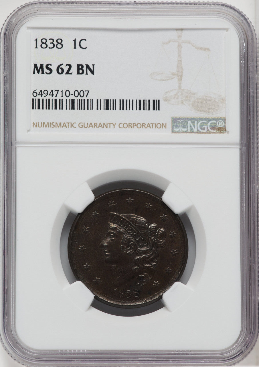 1838 1C BN Large Cent NGC MS62