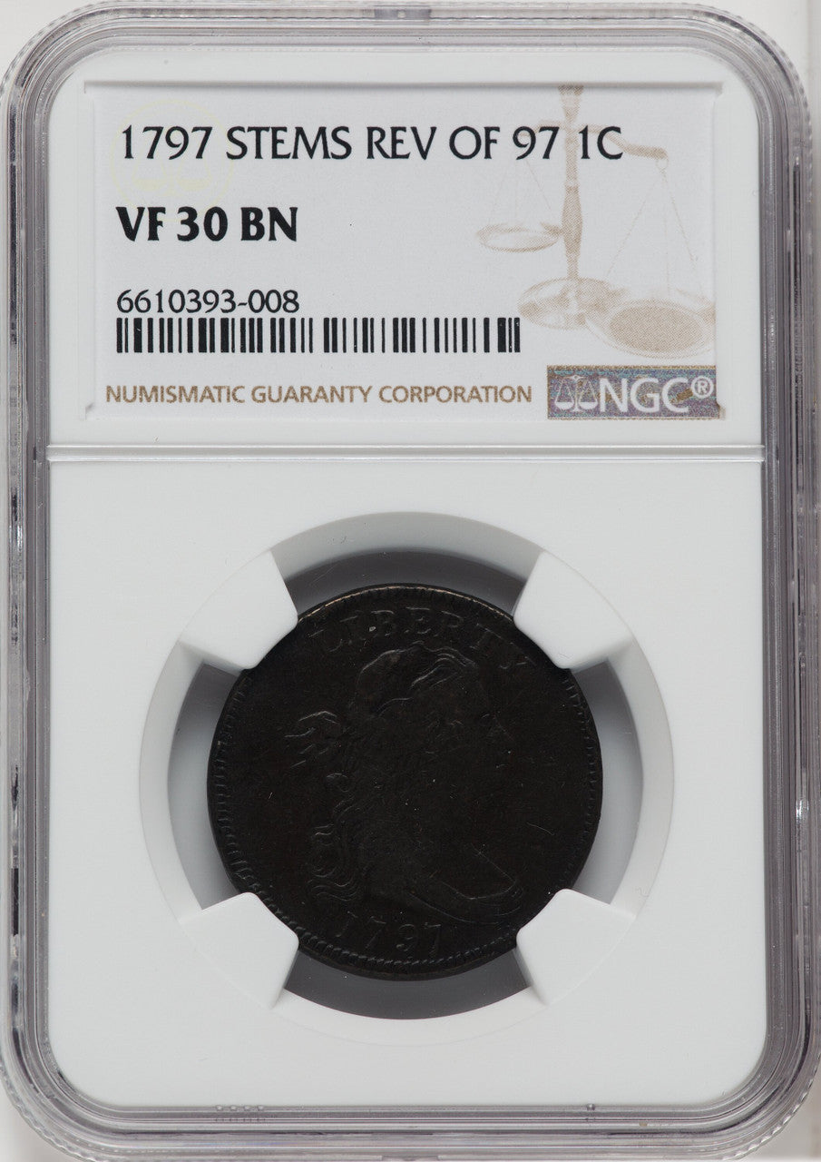 1797 1C Rev of 1797 Stems BN Large Cent NGC VF30