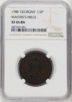 1788 Machin's Mills Halfpenny BN Colonials NGC XF45