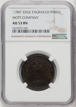 1789 Mott Token Thick Planchet Engrailed Edge BN Colonials NGC AU53