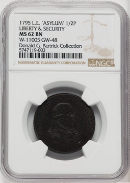 1795 Washington Liberty & Security Halfpenny ASYLUM Edge BN Colonials NGC MS62