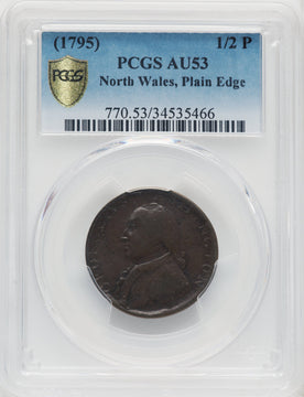 1795 Washington North Wales Halfpenny Plain Edge One Star at Each Side of Harp BN Colonials PCGS AU53