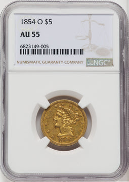 1854-O $5 Liberty Half Eagle NGC AU55