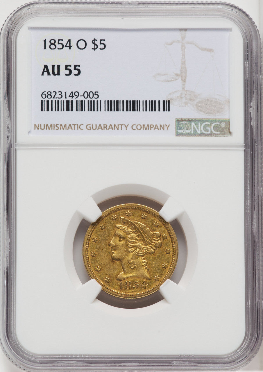 1854-O $5 Liberty Half Eagle NGC AU55