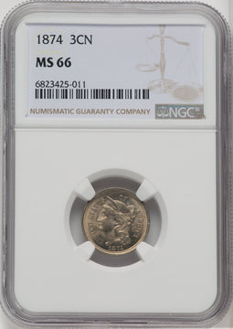 1874 3CN Three Cent Nickel NGC MS66