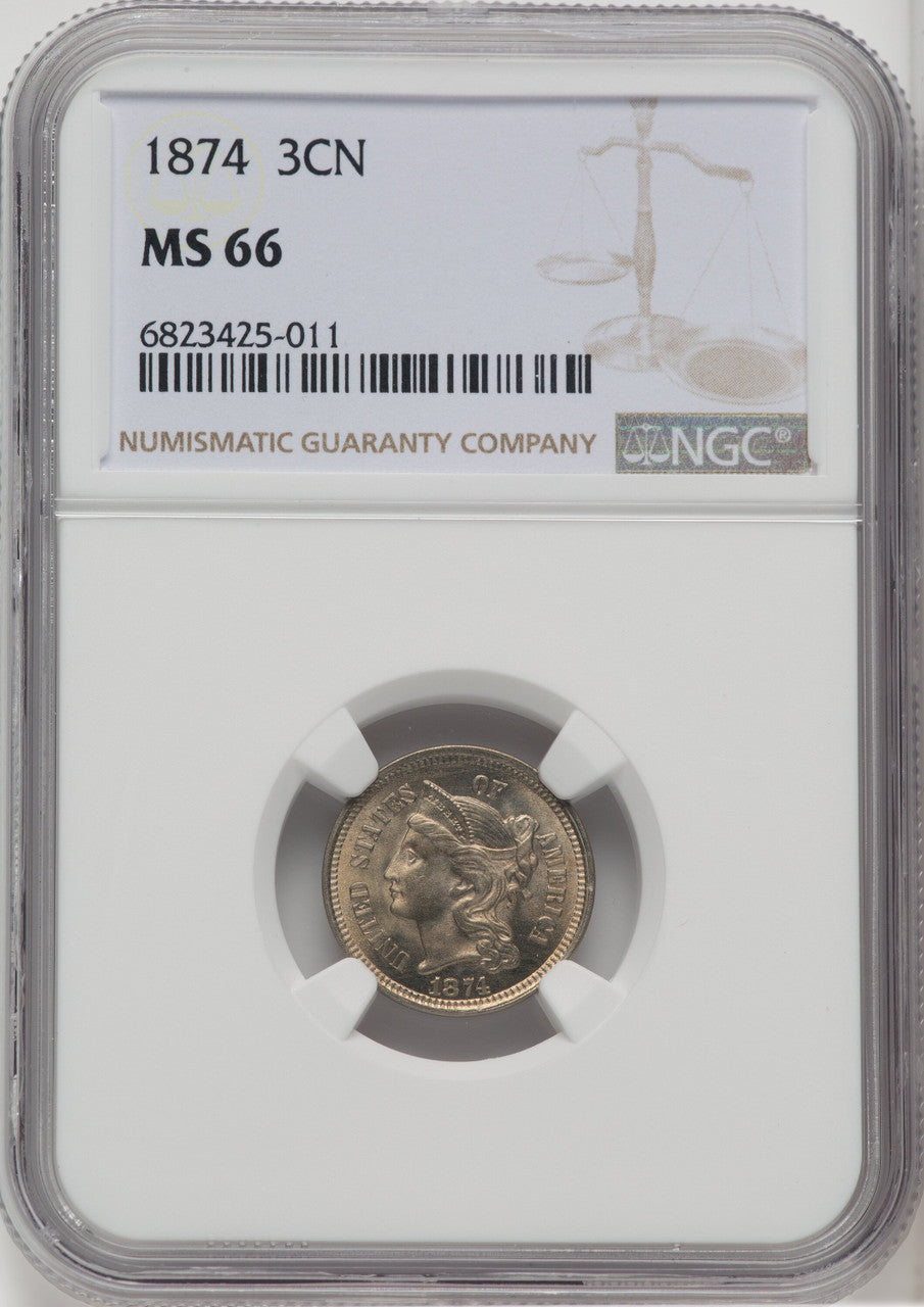 1874 3CN Three Cent Nickel NGC MS66