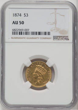 1874 $3 Three Dollar Gold Pieces NGC AU50
