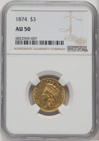 1874 $3 Three Dollar Gold Pieces NGC AU50