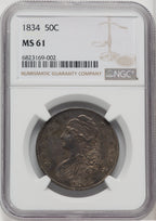 1834 50C Large Date Large Letter Bust Half Dollar NGC MS61
