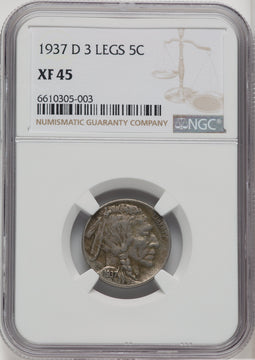 1937-D 5C Three-Legged Buffalo Nickel NGC XF45