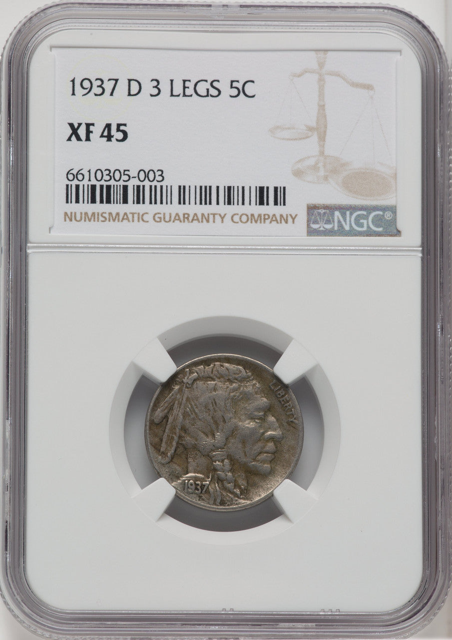 1937-D 5C Three-Legged Buffalo Nickel NGC XF45