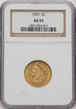 1853 $5 Liberty Half Eagle NGC AU55