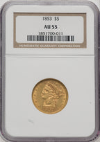 1853 $5 Liberty Half Eagle NGC AU55