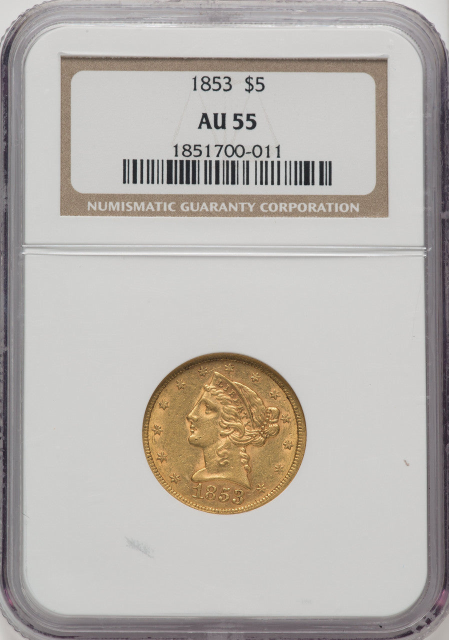 1853 $5 Liberty Half Eagle NGC AU55