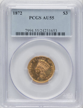 1872 $3 Three Dollar Gold Pieces PCGS AU55